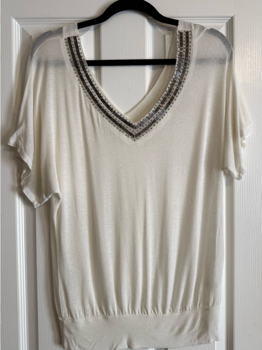 Daytrip Ivory Short Sleeve V-Neck Top with Beaded Trim